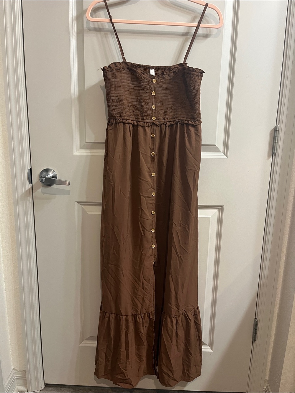 Smocked Brown Button-Front Maxi Dress with Ruffle Hem